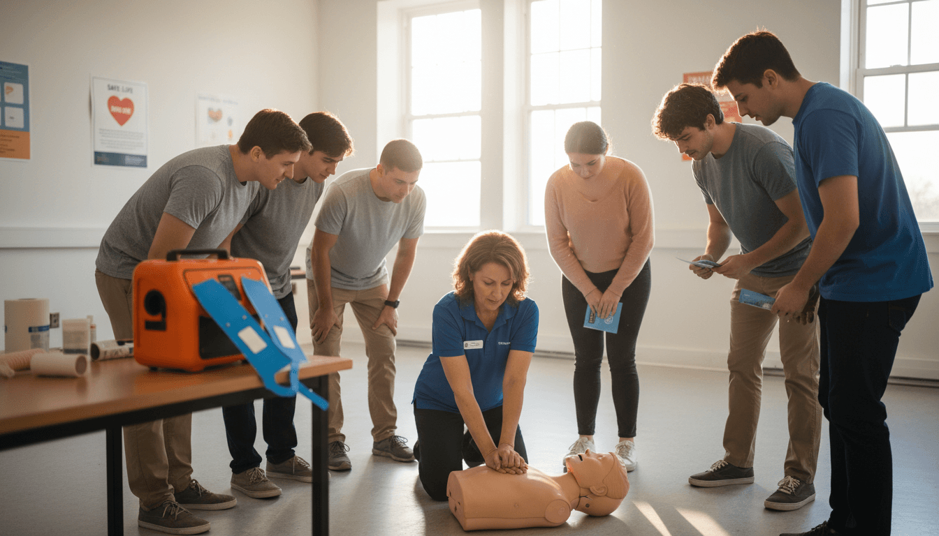 Instructor demonstrating chest compressions on a mannequin during a BLS class in Trenton