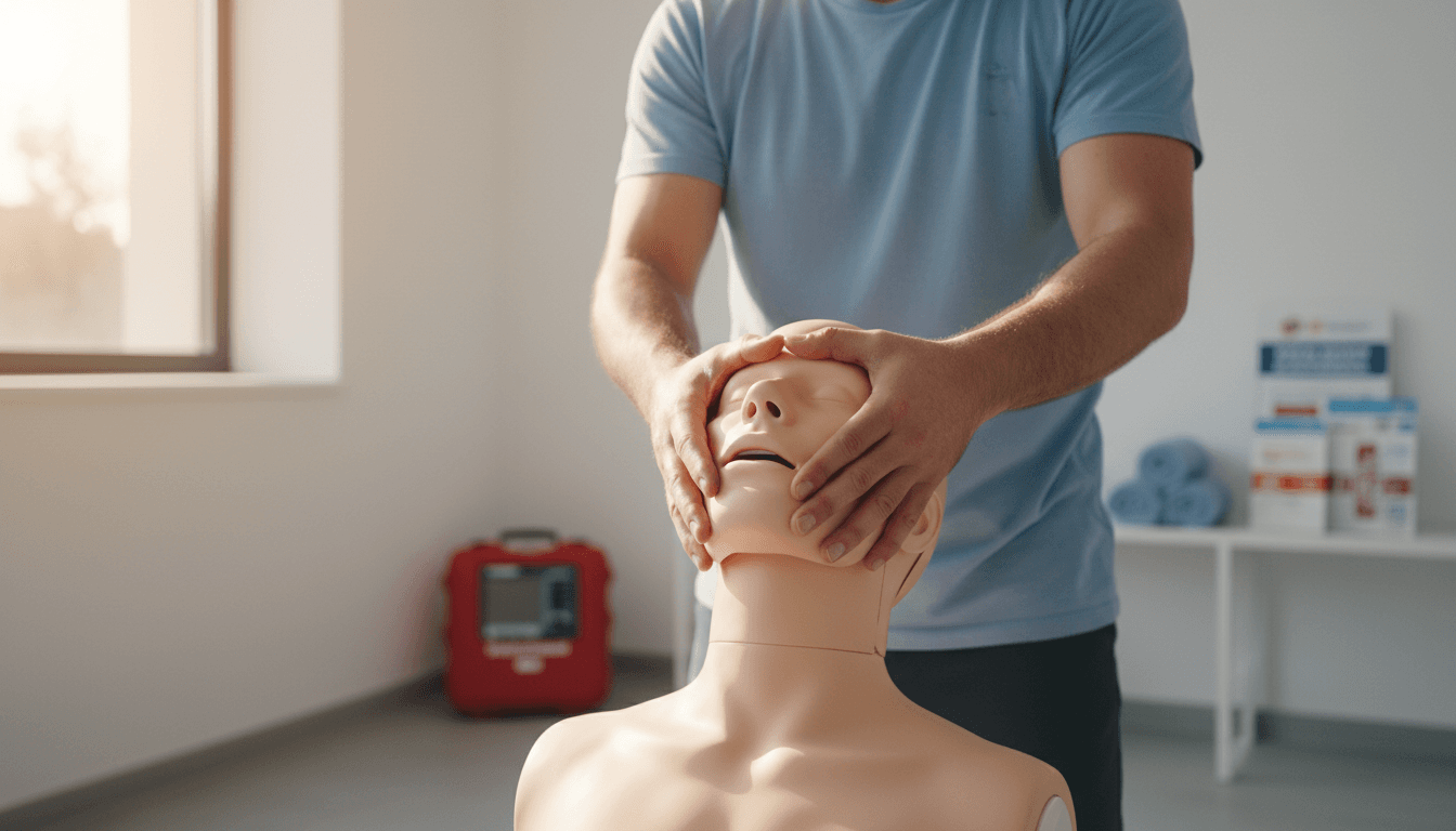 Hands positioning a CPR training mannequin in a bright training room