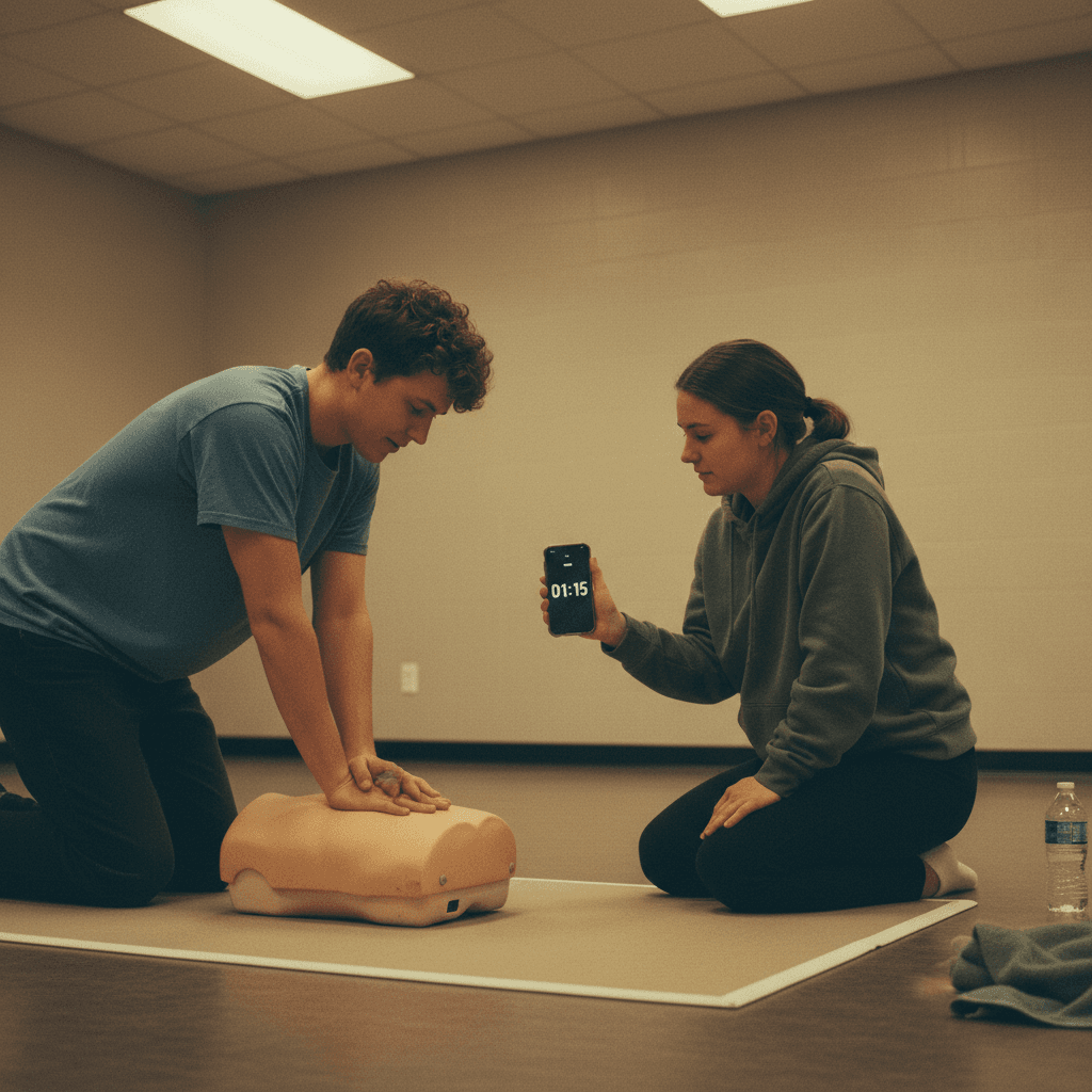 Two people practicing CPR on a mannequin with one timing the session