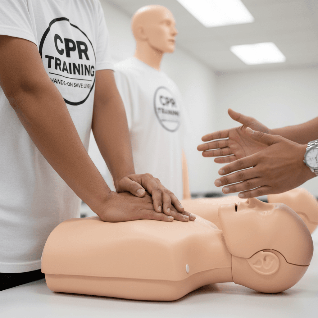 Close-up of hands performing chest compressions on a CPR mannequin during training