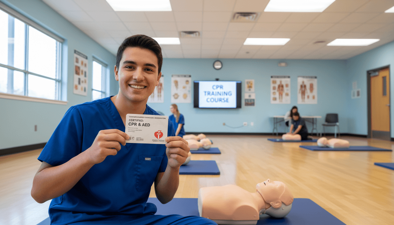 Student holding CPR certification card next to training manikin in a bright room