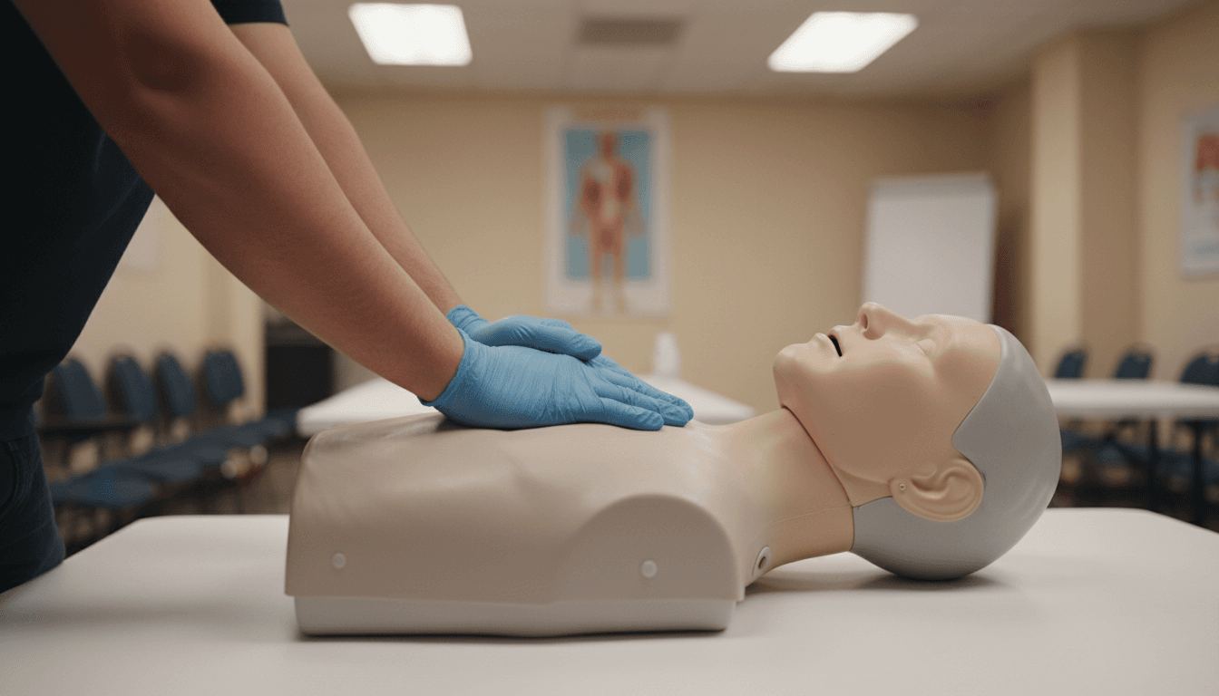 Hands performing chest compressions on a CPR training manikin during a class