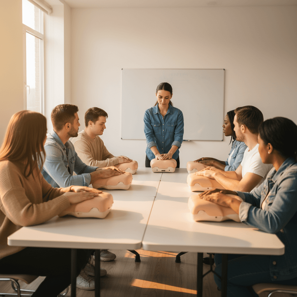 Group CPR training session