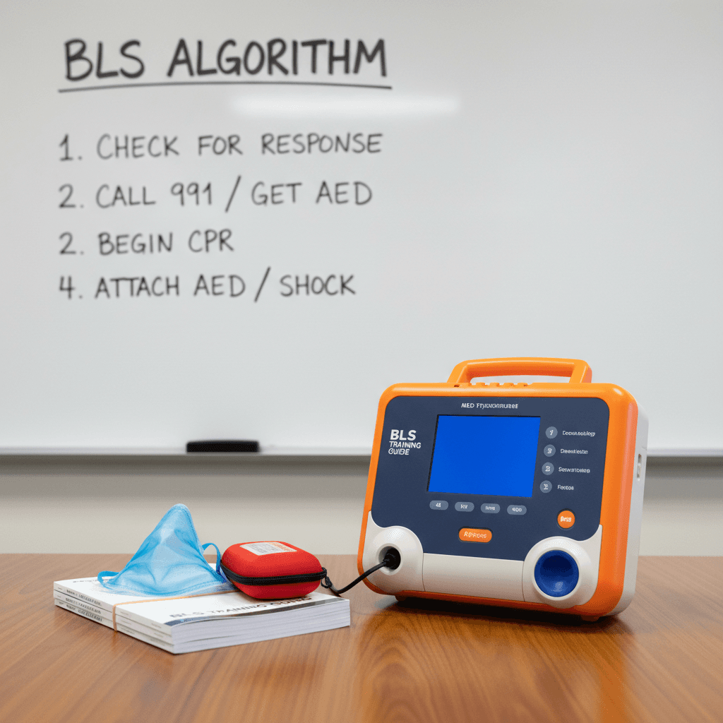 AED trainer device with pocket mask and BLS algorithm notes on whiteboard behind it