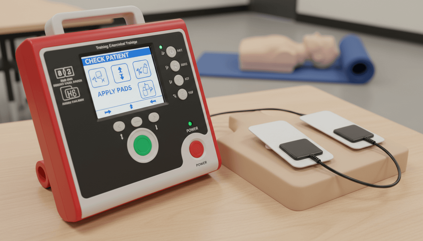 Training AED device with electrode pads placed on a training pad