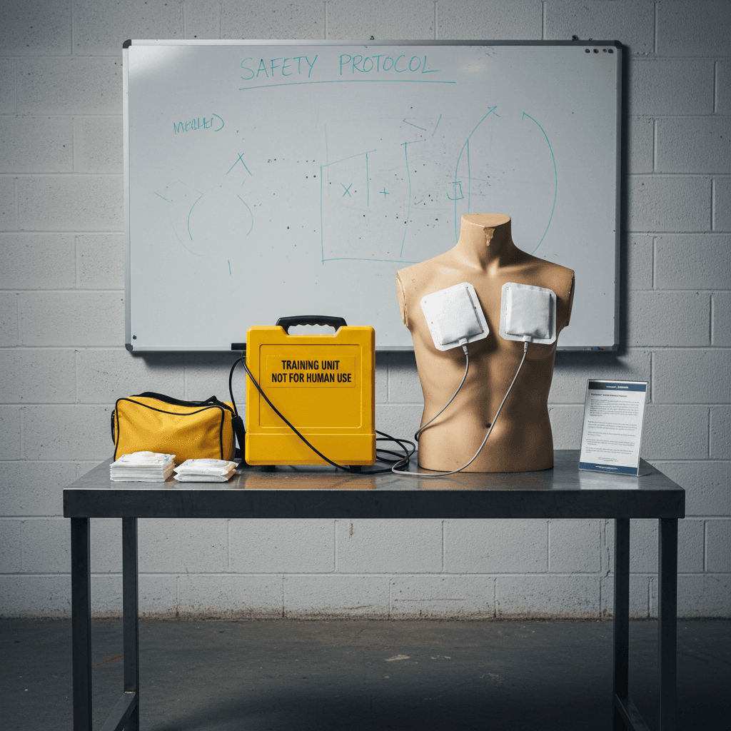 AED training unit with electrodes placed on a mannequin chest