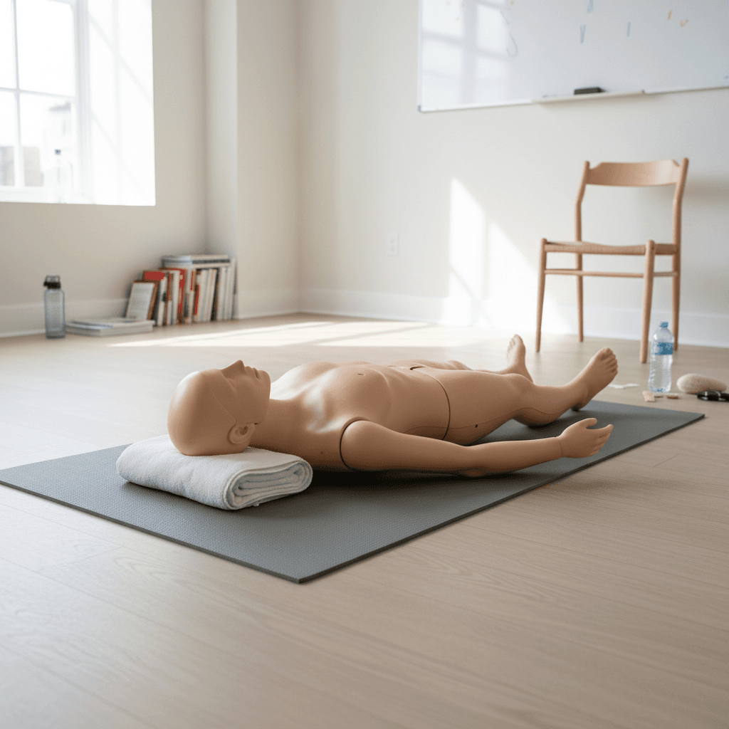 Training mannequin on a yoga mat in an empty classroom with natural light and a chair in the corner