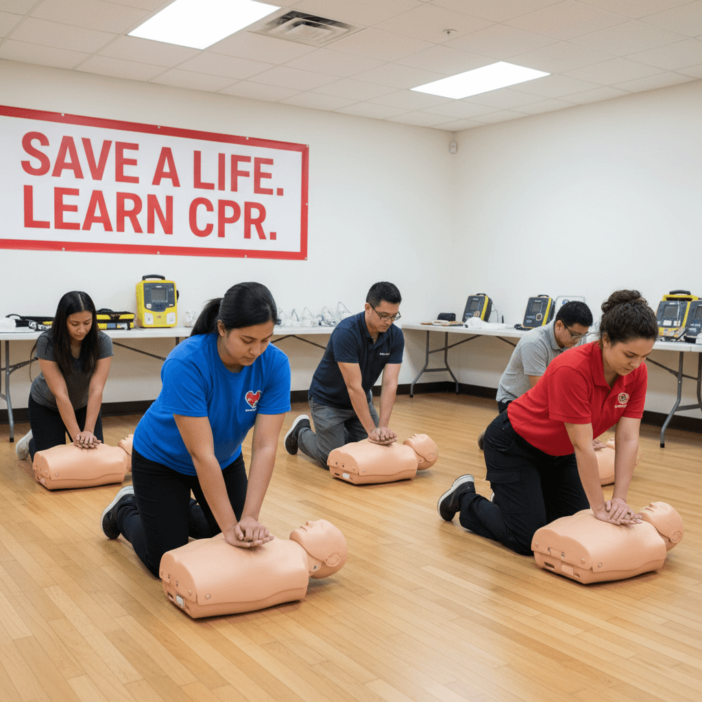group of adults in CPR class practicing with manikins on floor