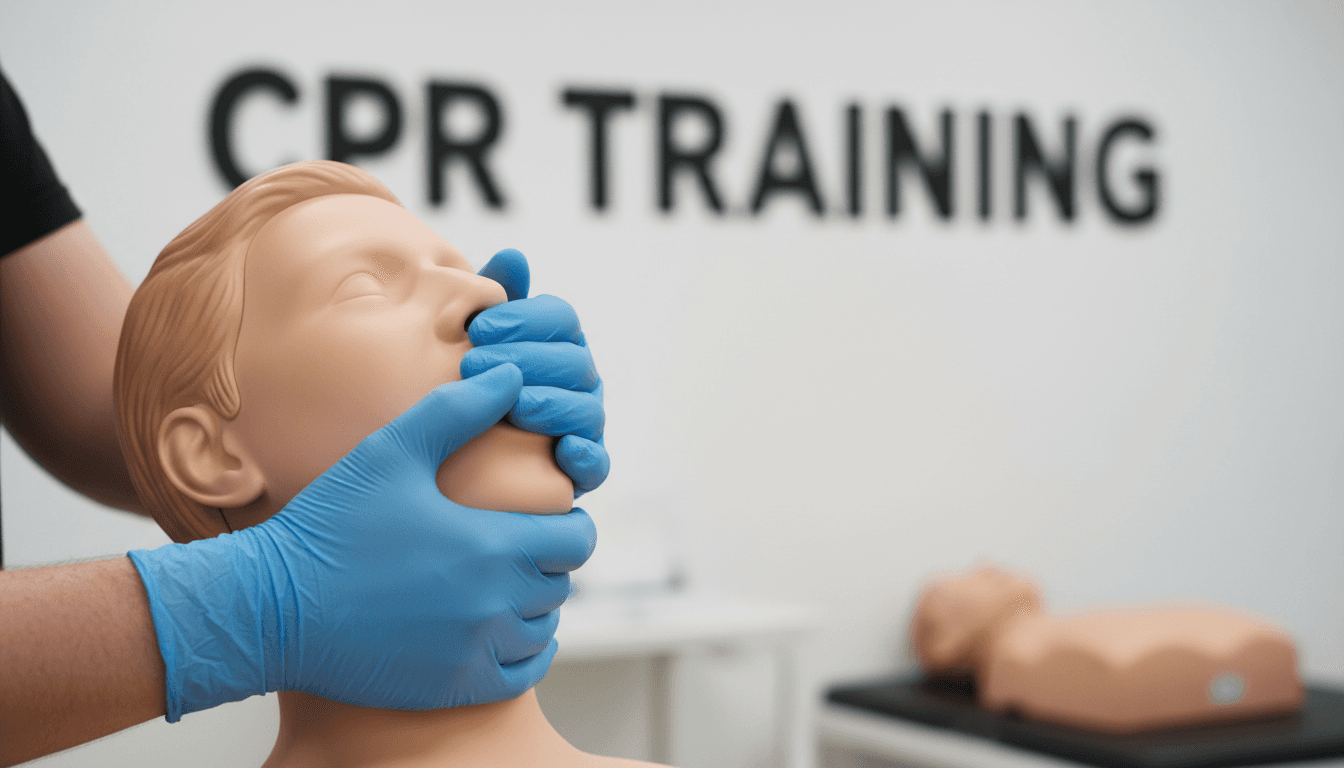 Close up of hands giving rescue breaths to CPR manikin during training