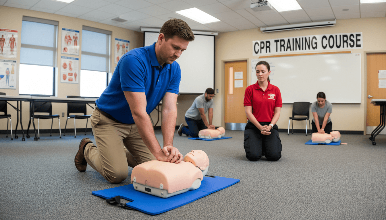 adult man practicing chest compressions on cpr manikin during training session in classroom