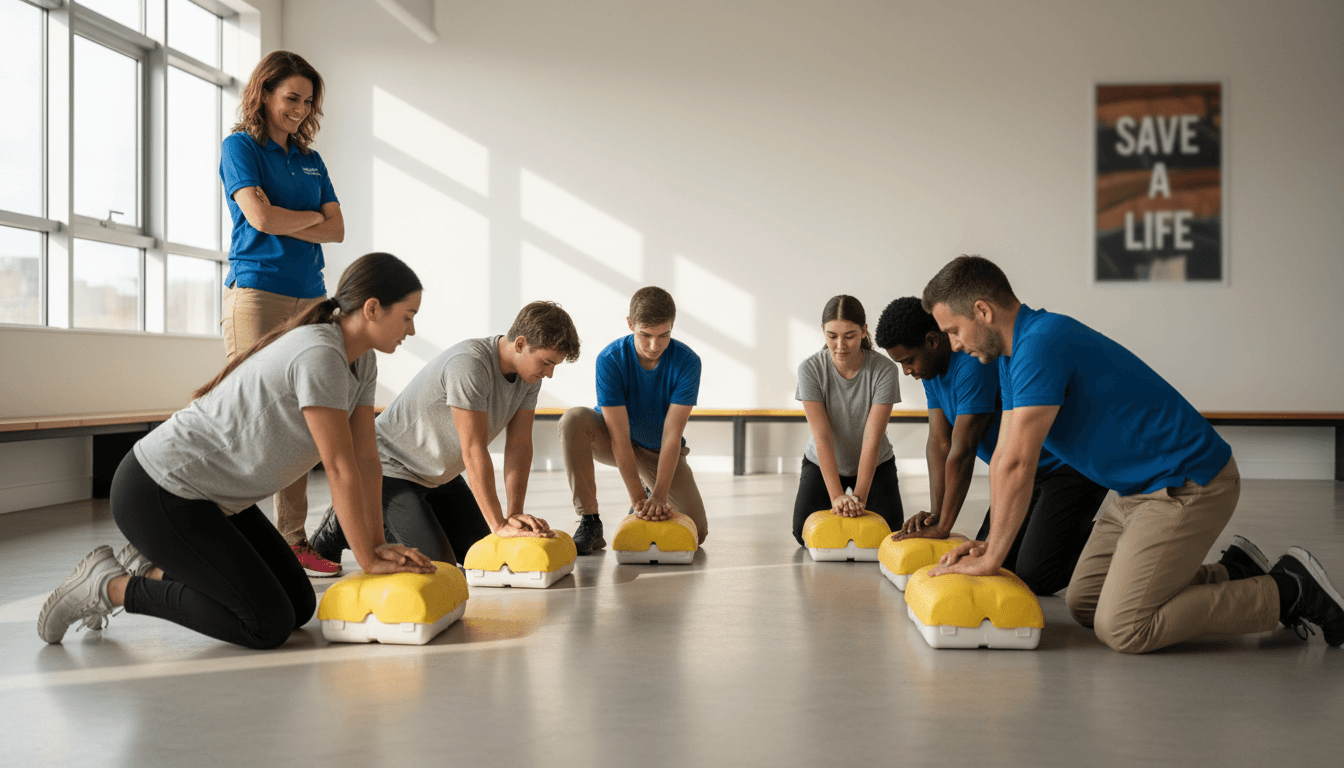 Group of students practicing CPR on a mannequin during a training session with an instructor nearby