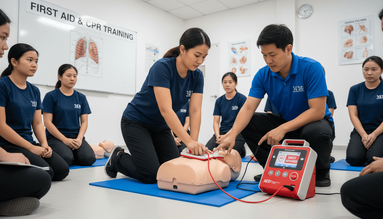 woman using aed trainer device on cpr manikin during first aid class