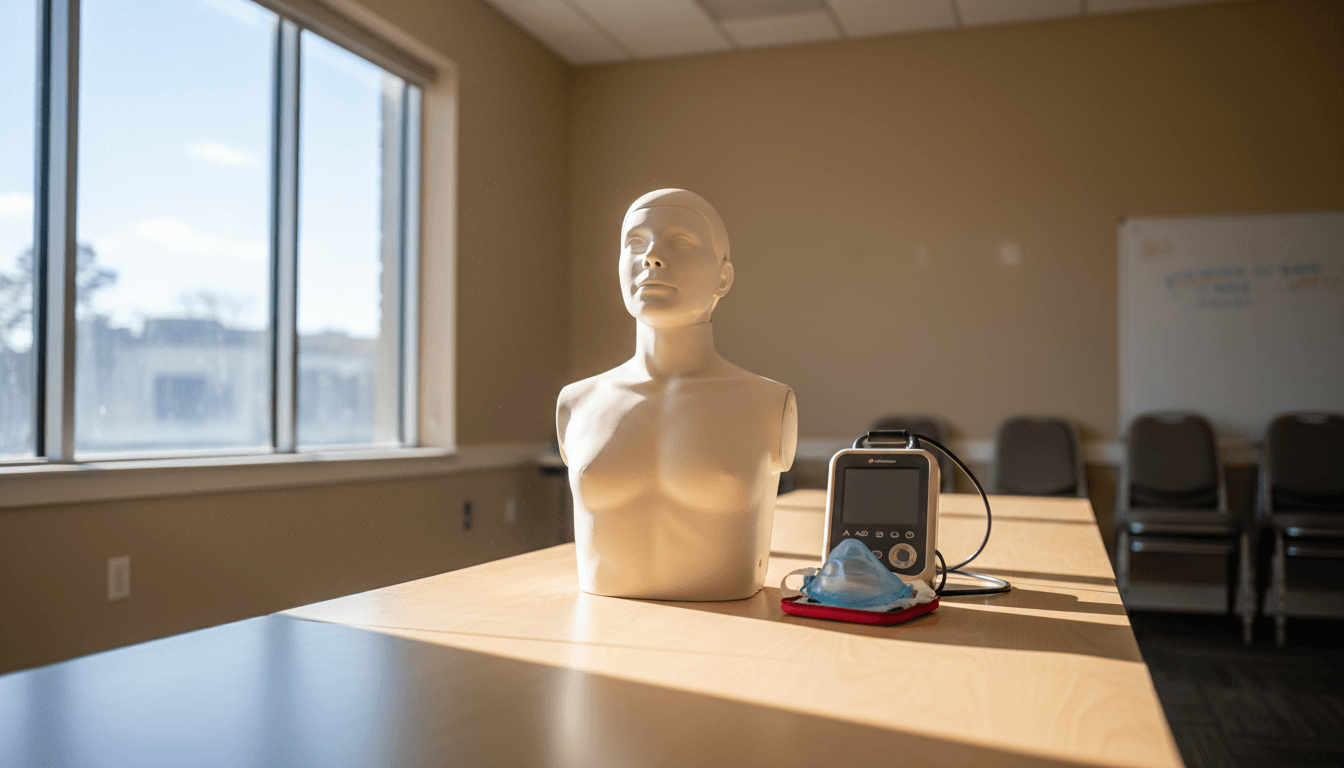 CPR training mannequin and AED trainer set up on a table in a bright training room