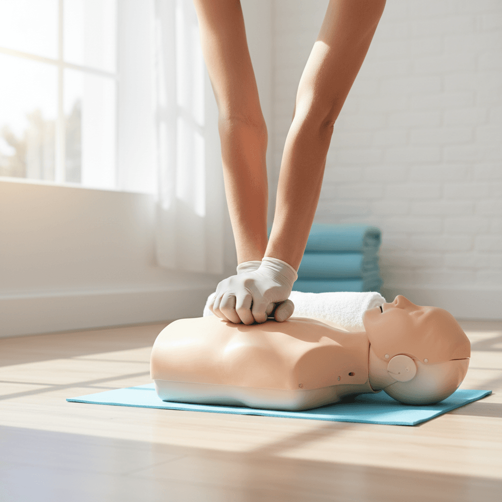 Hands demonstrating proper chest compression form on a CPR mannequin