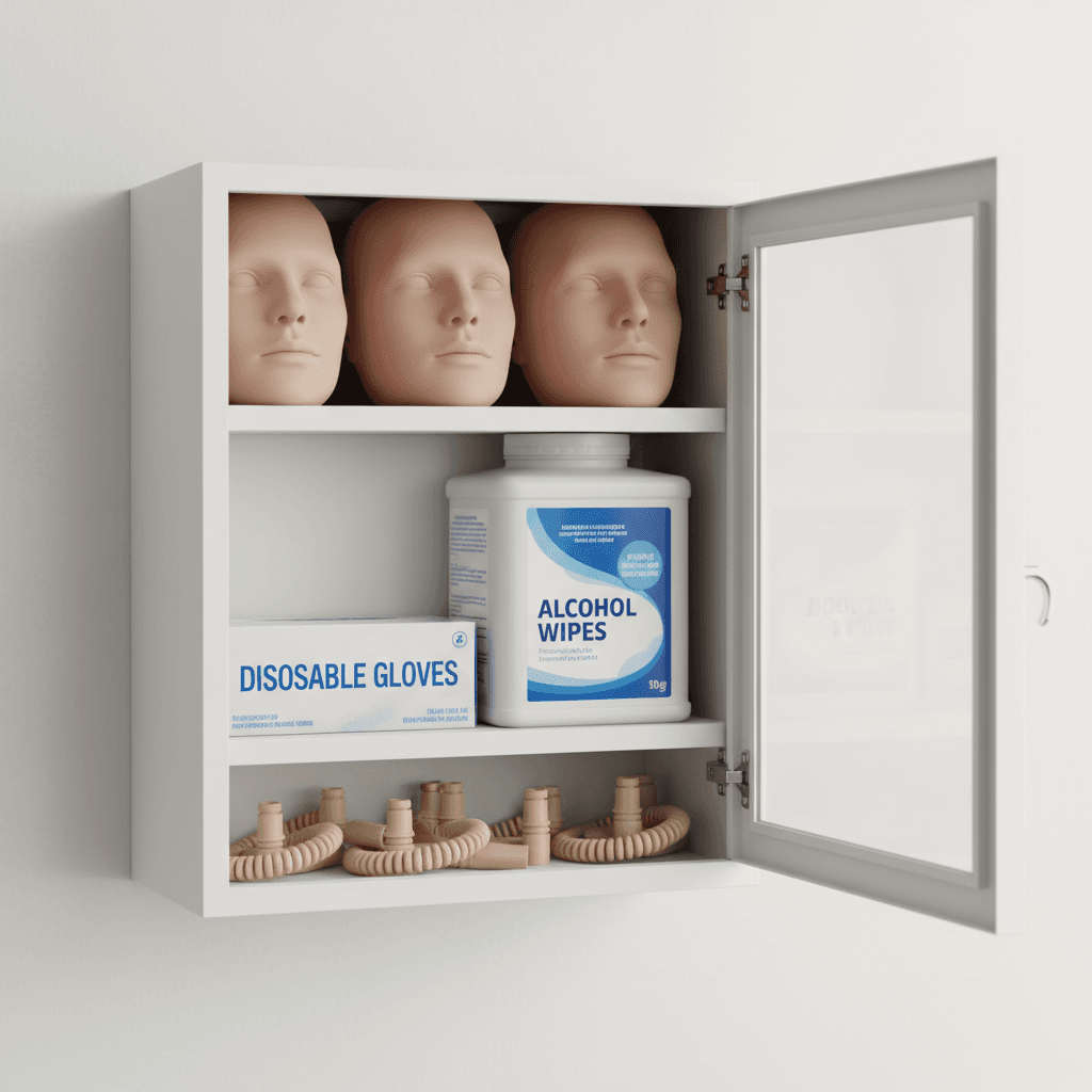 Open supply cabinet with mannequin faces, gloves, wipes, and replacement airways