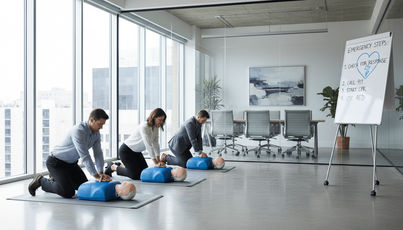 Corporate group training session with mannequins in a conference room