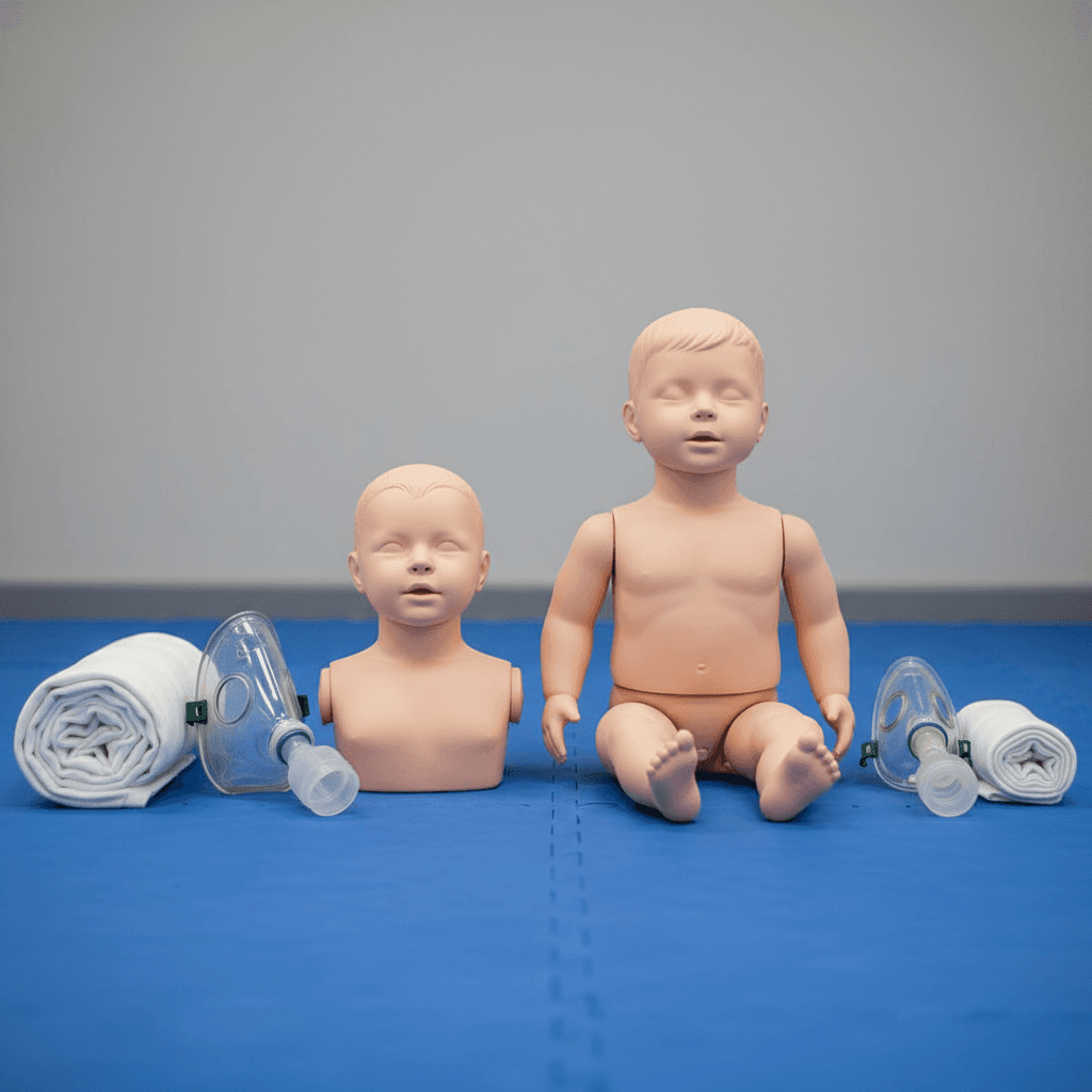 Infant and child CPR mannequins with rescue masks and training equipment beside them
