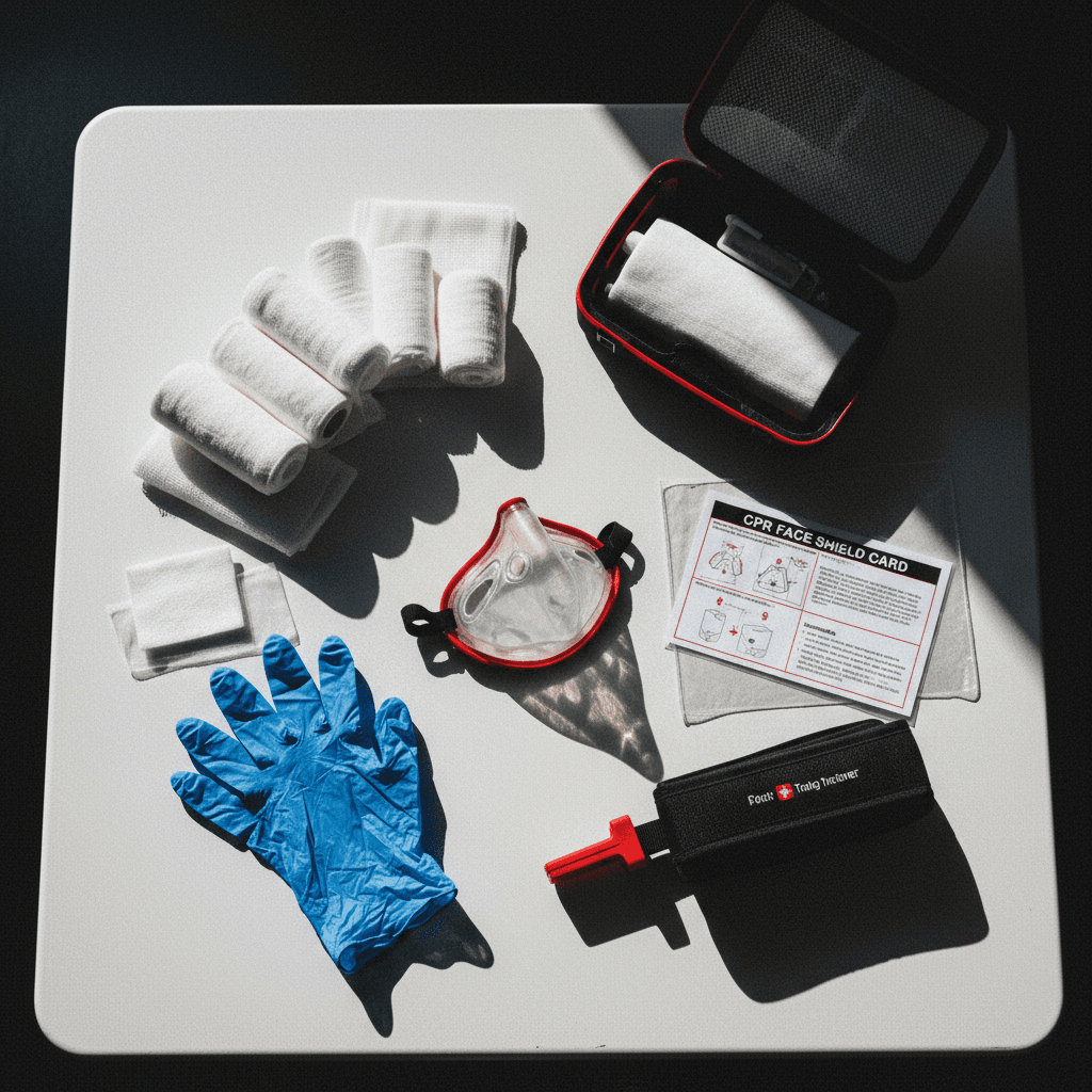 Open trauma kit with bandages, gloves, pocket mask, and tourniquet trainer