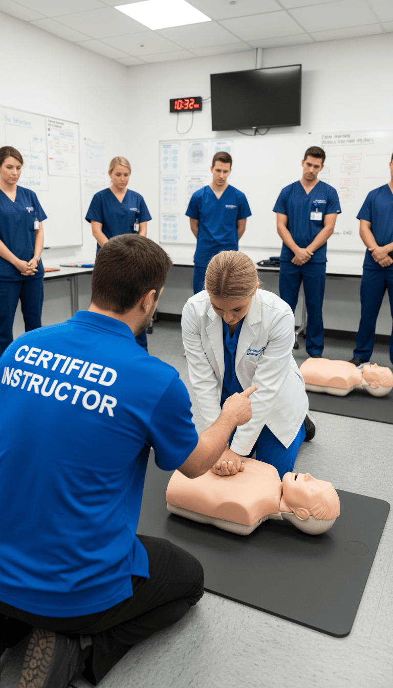 Student practicing chest compressions on a CPR manikin in a BLS class