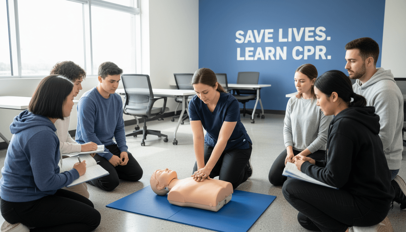 Instructor demonstrating CPR on a manikin with students watching in a bright clean classroom