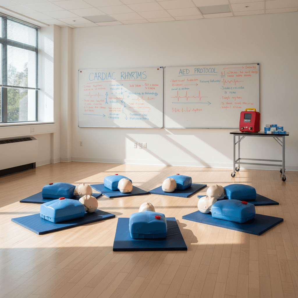 Classroom set up with CPR mannequins on training mats and an AED trainer on the table