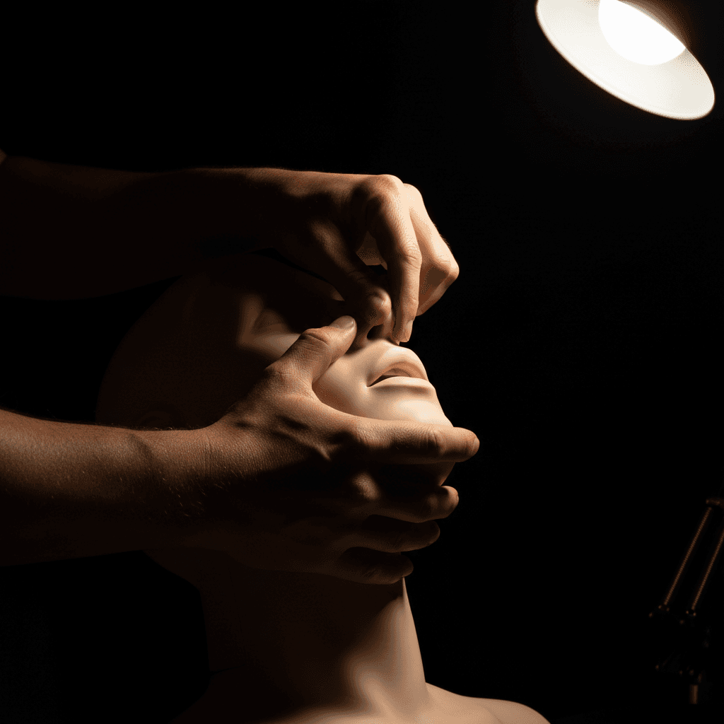 Close-up of hands opening a mannequin airway for rescue breaths