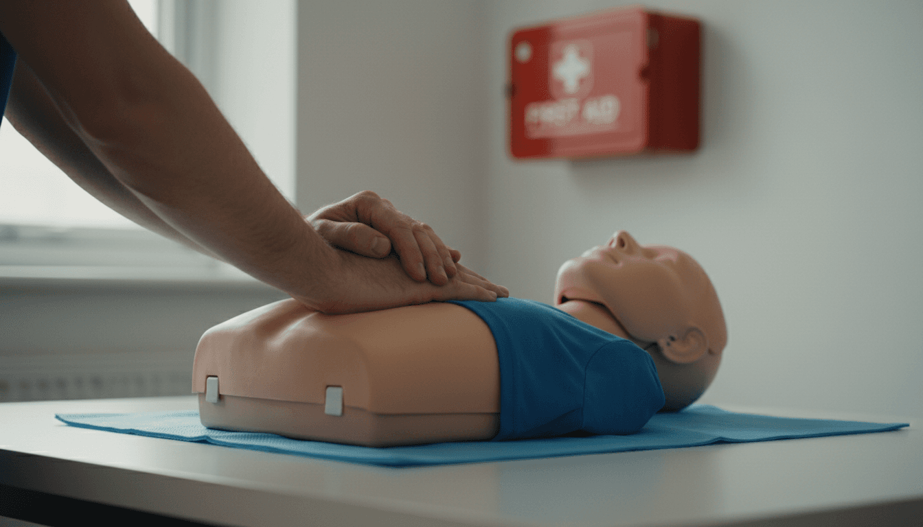 Hands performing CPR chest compressions on a training manikin in a bright Trenton training room