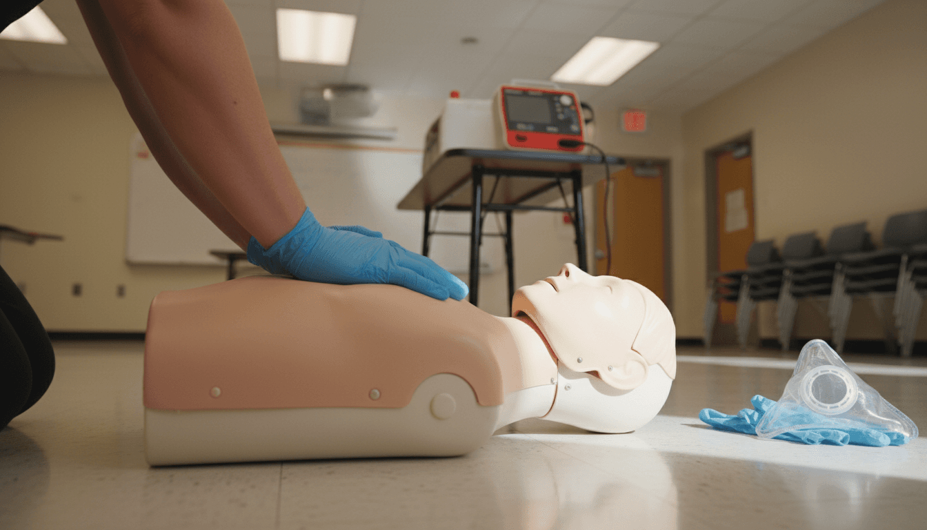 Basic Life Support training mannequin with hands performing chest compressions