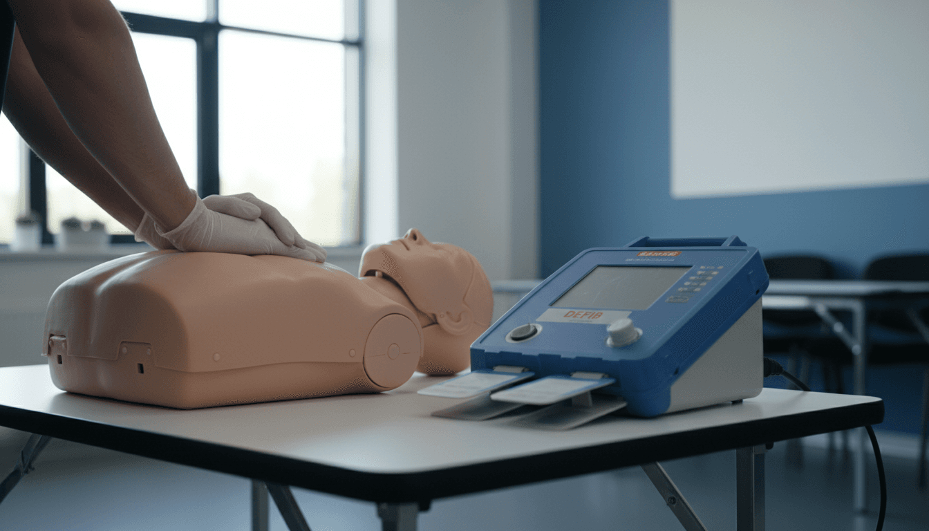 CPR training manikin and AED on a table in a bright training room