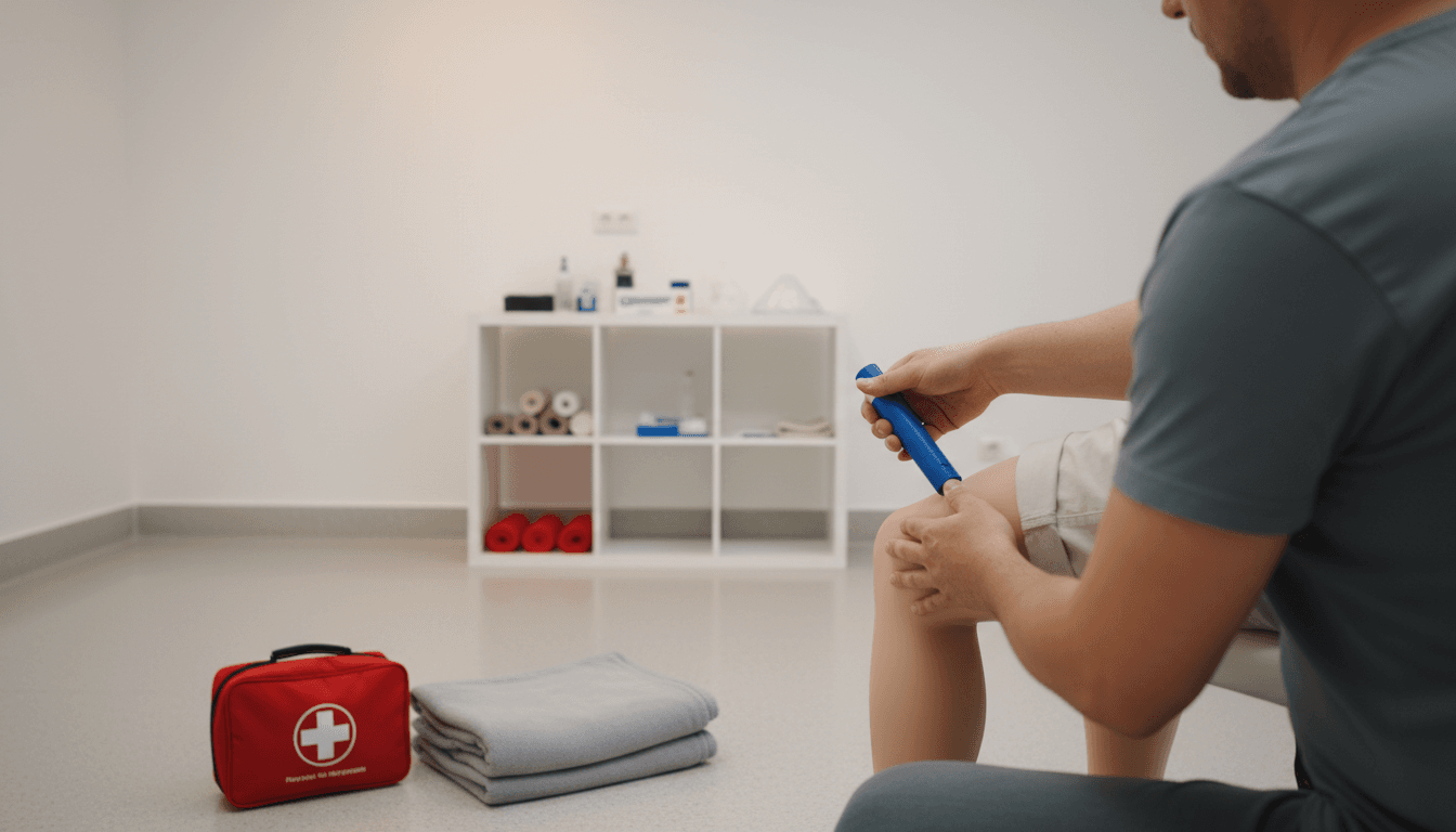 Person holding an EpiPen trainer against a dummy's thigh during first aid training