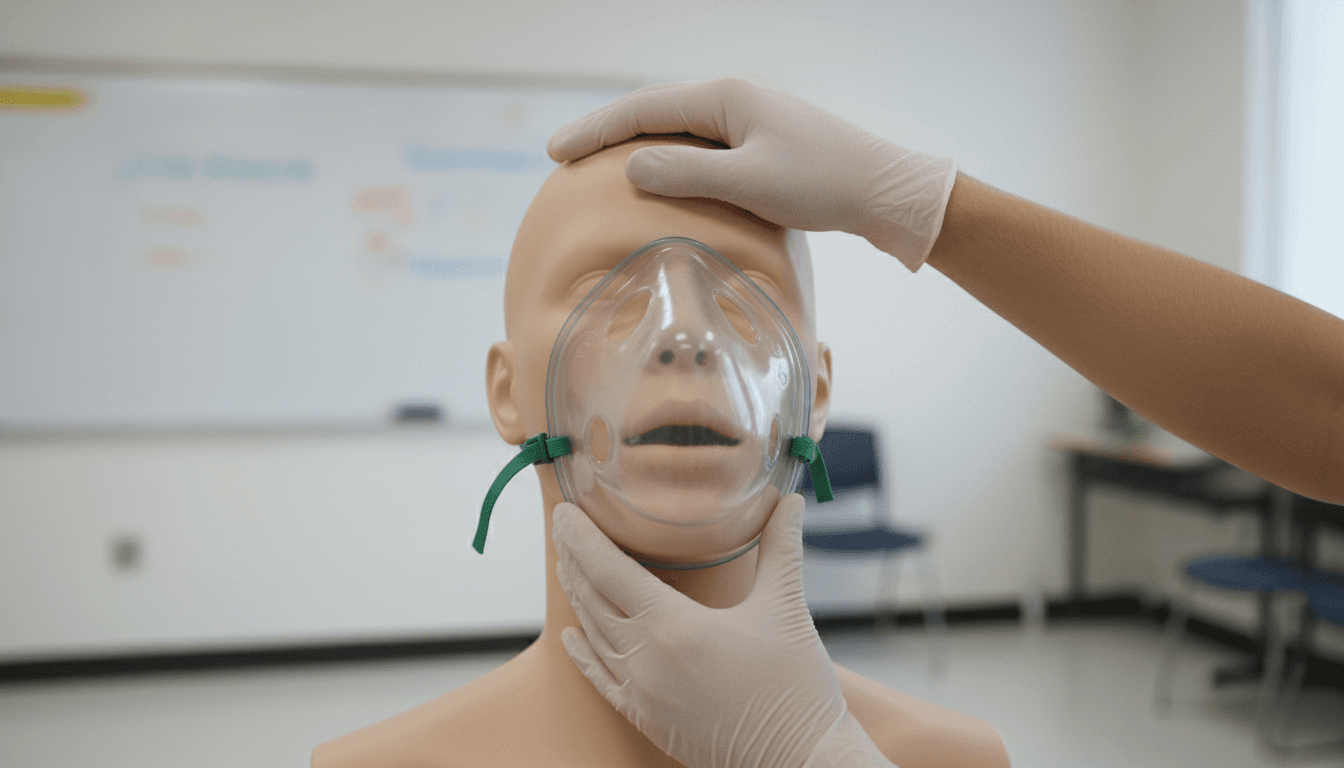 Student practicing rescue breathing technique on a manikin with a pocket mask