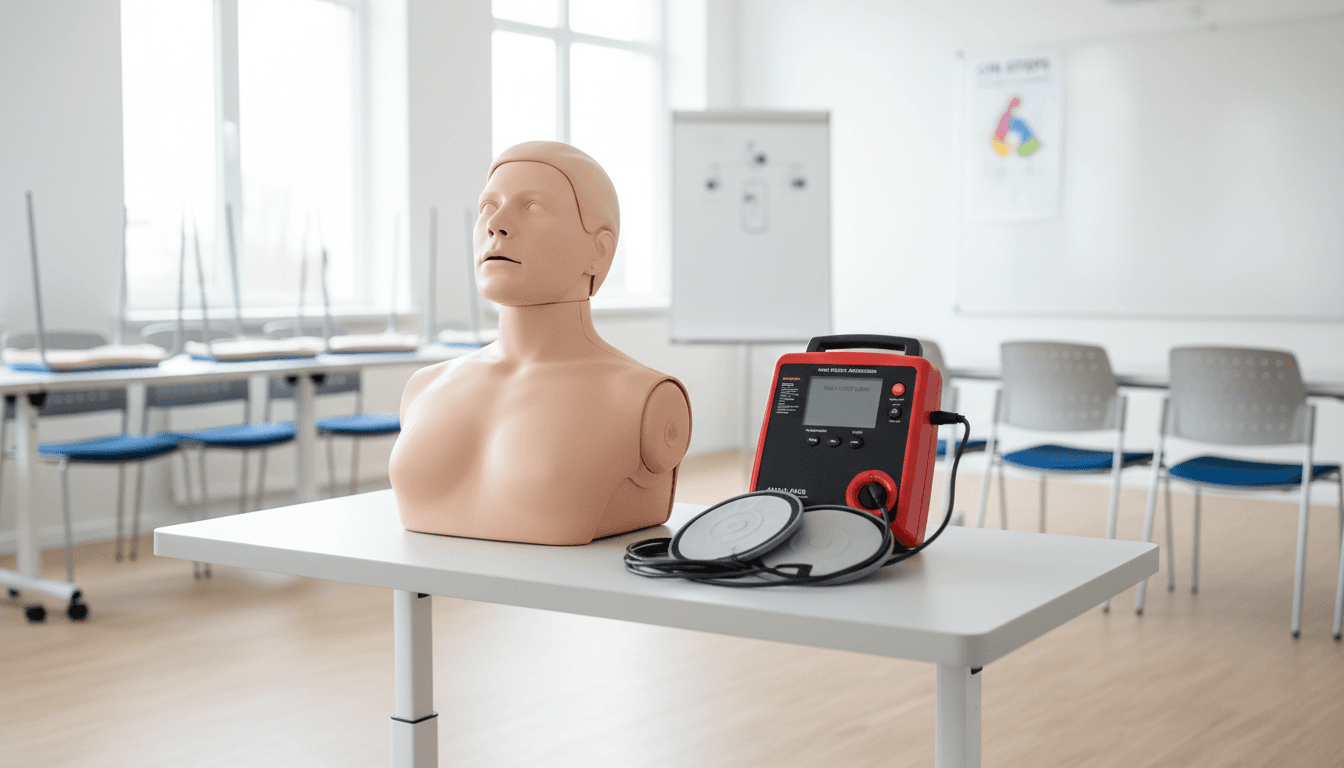 CPR manikin on training table with AED trainer in bright clean classroom setting