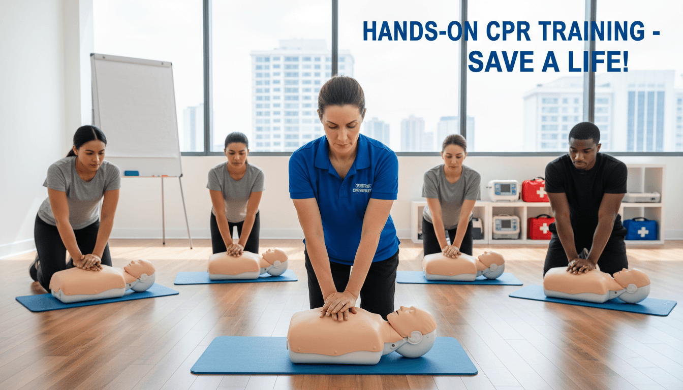 CPR instructor demonstrating chest compressions on a manikin during a hands-on training session