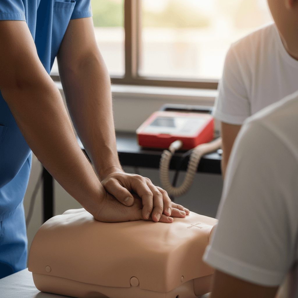 CPR instructor demonstrating chest compressions on a mannequin