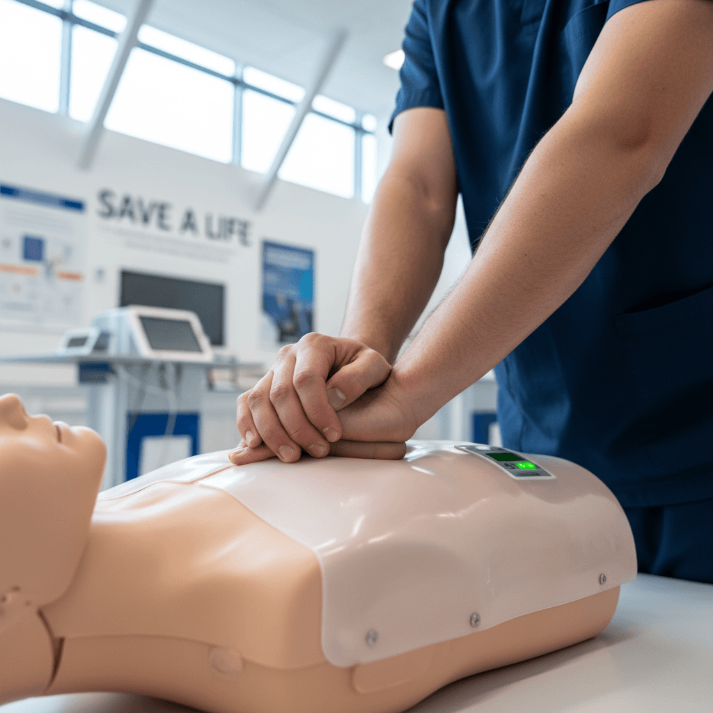 CPR instructor demonstrating chest compressions on mannequin