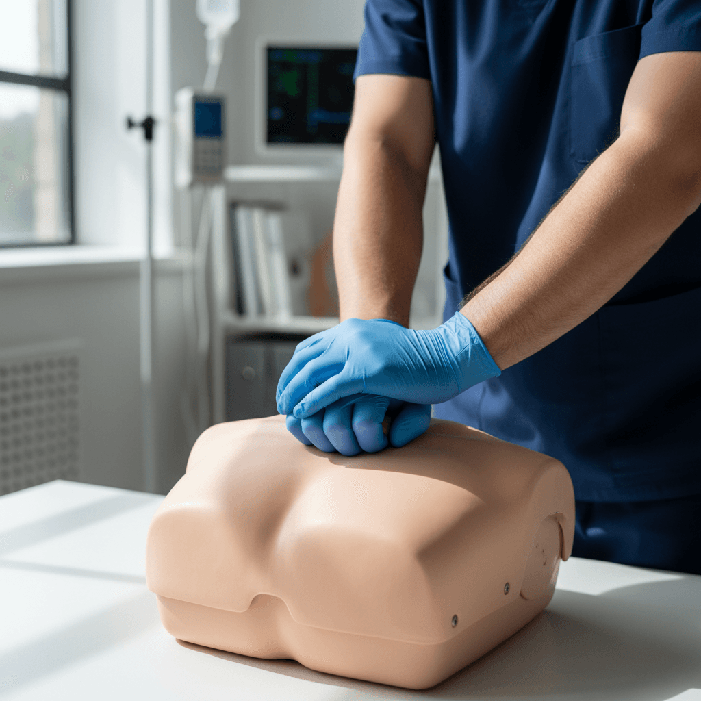 CPR instructor demonstrating chest compressions on training mannequin in bright classroom